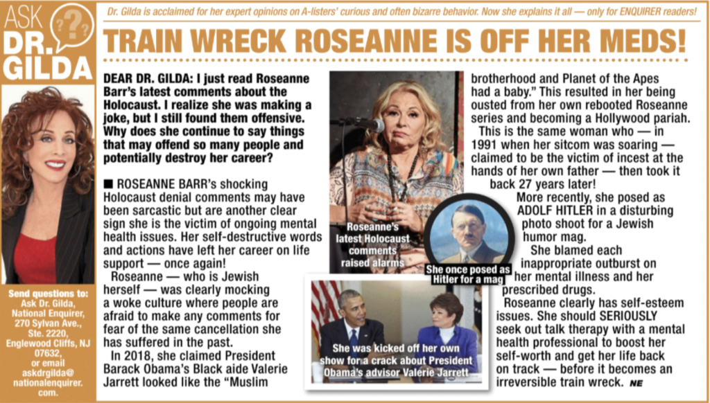 Train Wreck Roseanne Is Off Her Meds by Dr. Gilda Carle
